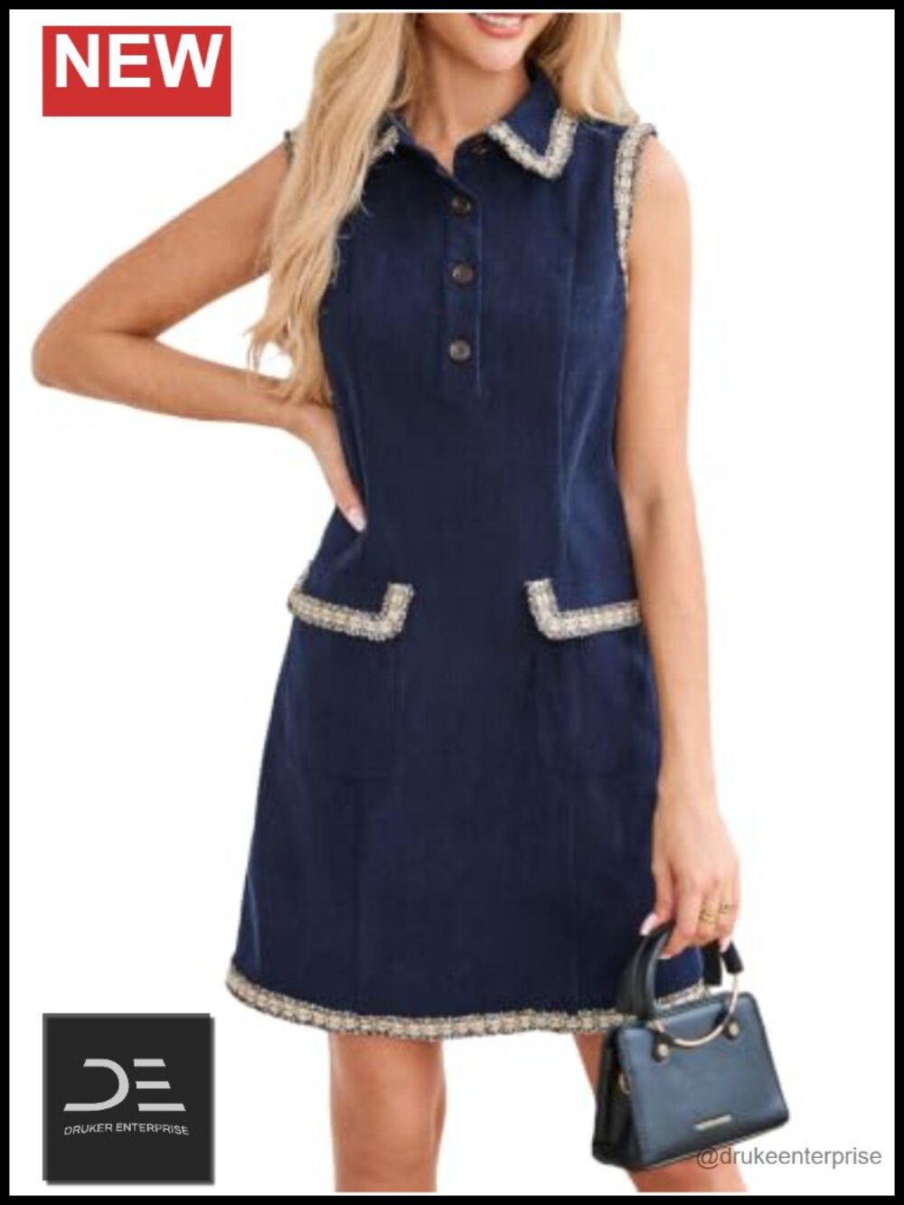Corduroy Mini Dress Sleeveless Collared Button Front Preppy Work Dress